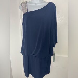 Jackie Jon New York NWT  Navy One-Shoulder Dress Sequin Jeweled Dress